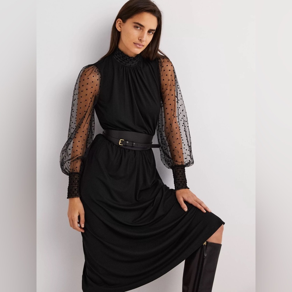 Boden Tulle Spots Sleeve Midi Dress Black